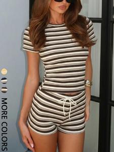 Women's Striped Ribbed Knit Co-Ord Set, Crew Neck Short Sleeve Cropped Top, Drawstring Elastic Waist Shorts, Daily Casual Homewear Commute Vacation Beach Wear