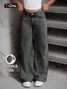 Women's Bow Embroidery Washed Distressed Button Fly High Waisted Design Denim Jeans, Casual Fashion Stretchy Pocket Wide Leg Jeans for Daily Wear, Ladies Bottoms for All Seasons