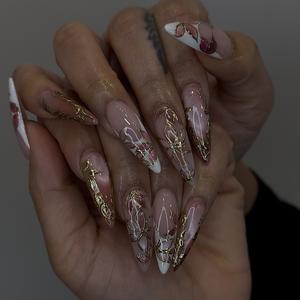 Stained Elegance – Handmade Press On Nails with Gold Leaf Veins and Pink Enamel Detailing Stain Glass Flower