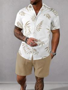 Men's Leaf Print Drawstring Waist Shorts Set, Loose Breathable Casual Fashion Collared Button Short Sleeve Top & Shorts Set, National Day Clothing, Summer Outfits, Holiday Outfits, Tropical Menswear