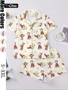 Women's Monkey Banana Print Sleepwear Set, Comfortable Short Sleeve Button Shirt & Loose Elastic Shorts, Fashion Casual Home Wear