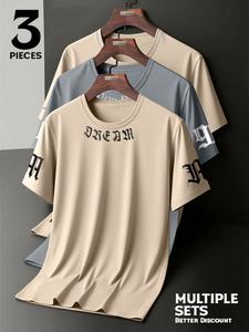 3-Pack Men's Summer Letter Print Crew Neck T-Shirts, Comfortable Soft Casual Short Sleeve Crew Neck Tees, Fashionable Men's Tops for Daily Wear