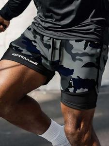 Men's Camo Print 2-in-1 Double Layer Compression Shorts, Breathable Quick Drying Gym Training Shorts, Casual Comfy Men's Shorts for Summer Beach Vacation, Athleisure Casual Shorts, Gymclothes, Training Cycling Shorts
