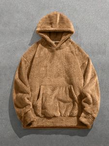 Men's Solid Pocket Thermal Lined Hoodie, Casual Loose Long Sleeve Hooded Pullover for Fall & Winter, Men's Clothes for Daily Wear