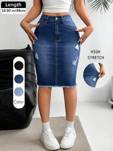 Women's Ripped Pocket Denim Skirt, Fashion Casual Denim Skirt for Daily Outdoor Wear, Ladies Bottoms for Summer, Boho Fashion Skirt, Womenswear