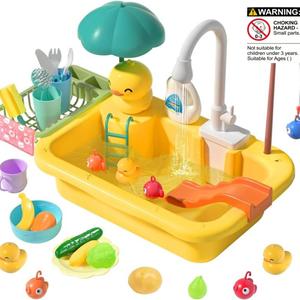 CUTE STONE Play Sink with Running Water, Pretend Play Kitchen Sink with Upgraded Electric Faucet, Realistic play set learning cookingset Plastic Toy Outdoorfun Fun Cleaning Playset
