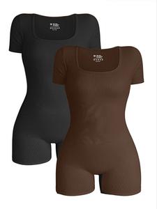 Women's Solid Ribbed Square Neck Sports Romper, Sporty Comfy Breathable Sleeveless Romper for Yoga Gym Workout, Ladies Sportswear for All Seasons