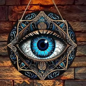 Boho Style Evil Eye Design Hanging Decor, Round Wooden Hanging Ornament, Wall Decor for Home Living Room Bedroom