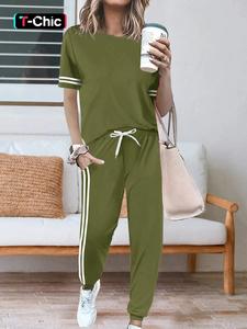Women's Round Neck Shortsleeve Tee & Striped Side Pants Two-piece Set, Casual Fashion Cozy Tee & Trousers for Daily Outdoor Wear, Ladies Lounge Clothes for Spring & Fall, Outfit Sets Women, Loungewear