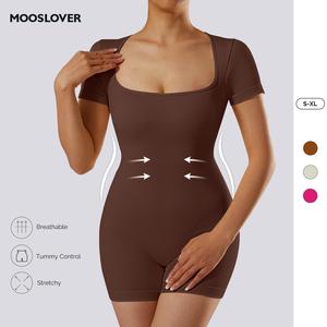 Mooslover UK Women’s Yoga Rompers Workout Ribbed Short Sleeve Square Neck Sport Jumpsuits Rompers