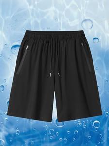 Men's Solid Zipper Pocket Beach Shorts, Breathable Quick Drying Shorts for Outdoor Running, Casual Men's Shorts for Summer