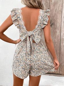 Women's Summer Vacation Floral Print Lace Tie-Back Romper Open Back Ruffle-Trimmed Sleeveless A-Line Jumpsuit Flower Boho Bohemian Backless Holiday Casual