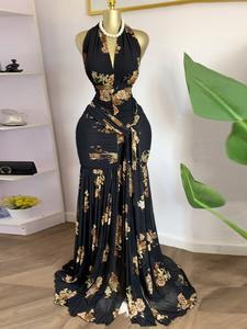 PULKRITU Elegant Women's V Neck Backless Printed Sleeveless Ruffle Long Dress, Fall Winter Wear, Sexy Vacation Party Evening Gown