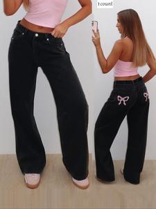 Women's Bow Embroidery Denim Jeans, Casual Comfy Loose Fit Jeans for Daily Wear,  Minimalist Ladies Pants for Summer, Womenswear, Pants