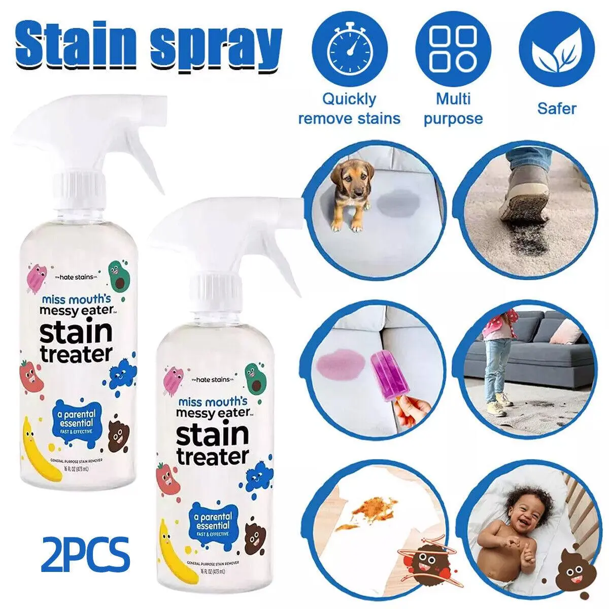 Miss Mouth's Decontamination Spray - Stain Remover for Clothes, 300ML, Household Essential - Sheets