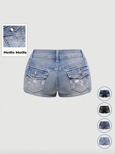 Women's Y2K Butterfly Embroidered Rhinestone Low Waist Stretch Denim Shorts, Fashionable and Comfortable, Perfect for Casual Wear