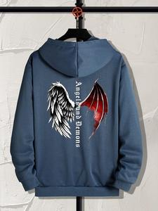 Men's Wings & Letter Graphic Print Hoodie, Regular Fit Casual Hoodie for Male, Comfy Knitting Top for Spring & Fall