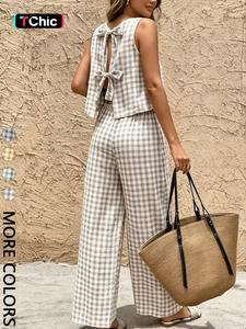2-Piece Vintage Plaid Sleeveless Vest Set, Wide-Leg Pants Summer Women's, Elegant Slim-Fit Long Pants, All-Season Fashion