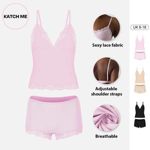 Katch Me Look Women's Minimalist Lace Series Spaghetti Strap Lace Trim Wirefree Breathable V-Neck Camisole & Panties Set, Basic Lightly Lined for Smaller Cups