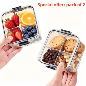 2-piece set of plastic square food storage containers with lids - 4-compartment airtight jars, rounded corner design, stackable for kitchen, fruits, grains, snacks, spices, and dry goods storage - sturdy base, transparent, seal, Reusable Snack Containers