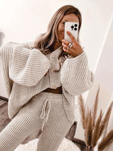 Elegant Women's Two-Piece Set, Ultra-Loose Fit V Neck Long Sleeve Cardigan & High Waist Pants, Perfect for Spring, Autumn, Winter