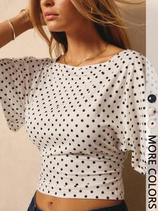 Women's Polka Dot Print Wide Collar Short Sleeve Batwing Sleeves Slim Fit Waist Cinching Top T-Shirt, Ideal for Daily, Parties, Office Wear