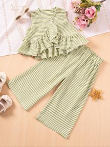 Toddler Girl's Striped Print Ruffle Trim Tee & Wide Leg Pants Two-Piece Set, Casual Short Sleeve T-Shirt & Trousers for Summer, Kids Clothes for Daily Wear