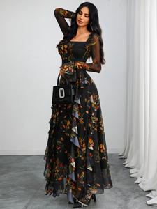 Gothic Sexy Elegant Printed Long Sleeve Square Neck Romantic Skirt Mesh Patchwork Knit Waist Dress, All Seasons Fitted Style