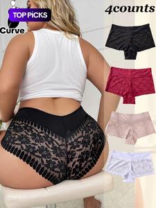 【Plus Size】 Contrast Floral Lace Boxer Brief, Underwear for Women, Soft Comfy Breathable Knicker for Daily Wear, Women's Underwear for All Seasons