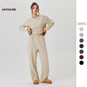 Katch Me Look Women's Casual Solid Color Loose Long Sleeve Top & Exposed Stitches Trousers Co-ord (B), Spring & Fall Lightweight Round Neck Top & Wide Leg Trousers Two Piece Outfits