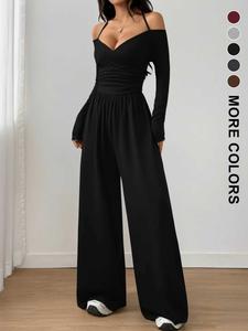 Women's Solid Color Off-Shoulder Ruched Wide Leg Casual Jumpsuit, Stylish and Comfortable One-Piece Pants for Daily Wear