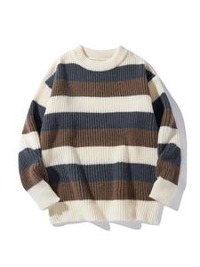 Unisex Men's Striped Print Longsleeves Crewneck Sweater, Casual Loose Long Sleeve Round Neck Jumper for Fall & Winter, Men's Knitwear for Daily Wear Valentine's Day, gift