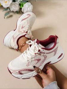 Women's Breathable Mesh Thick Sole Sport Shoes, Lace-Up Platform Casual Old School Dad Sneakers, Comfortable Versatile Daily Wear