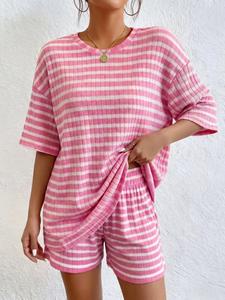 Women's Casual Striped Set, Summer Short Sleeve & Shorts, Home Wear, Sporty Style, Above the Knee, Loose-Fitting