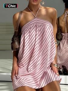 Women's Striped Print Halter Neck Dress, Casual Sleeveless Short Dress for Summer, Ladies Clothes for Daily Wear, Going Out Dresses, Womenswear, Holiday Dresses, Striped Printed Dress