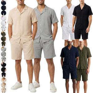 Mens Crinkle Textured Co-ord Shirt Short Set Anti Wrinkle Two Piece Breathable Top & Bottom Summer Beach