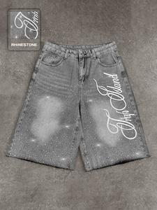Studded Embroidered Casual Jeans, Letter Embroidery Shorts, American Street Style, Fashion Daily Wear Denim, High Waist, Button Fly, All Seasons, Fit, Streetwear, Bottom