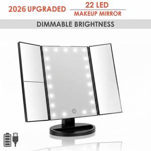 Makeup Vanity Mirror with 22 LED Lights and Touch Screen, Tri-Fold 2X 3X Magnification,180° Adjustable Rotation and USB Powered,Countertop Cosmetic Mirror