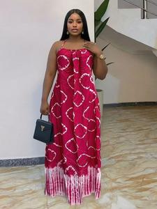 Sexy Casual Boubou Summer Halter Ethnic Print Elegant Waist Cinch Loose Backless Beach Party Dress with Scarf, Plus Size Women's Dress