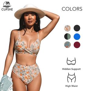 CUPSHE Women's Two Piece Swimsuit Casual Beachwear High Waisted V Neck Bikini Sets Twist Front Adjustable Spaghetti Straps Fashion Summer Swimwear
