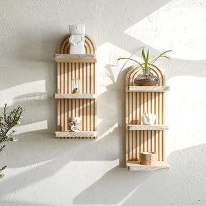 Modern Bohemian Wooden Wall Shelf, Multi-Layer Floating Bookshelf, Arc Design, Handmade Wood Decor, 3-Tier Wall Storage Rack