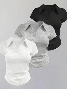 Three-Piece Set Women's Polo Neck V-Neck T-Shirts, Slim-Fit Casual Short Sleeve Tops, Y2K Style, Multi-Colors, Versatile Fashion
