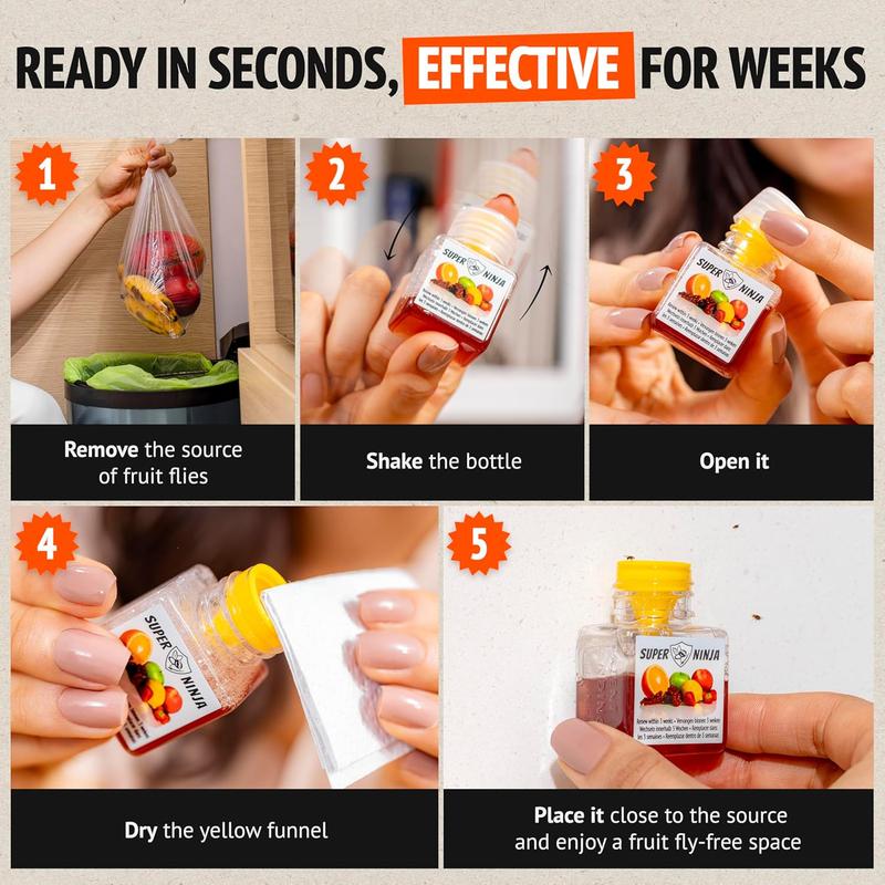 Super Ninja Fruit Fly Trap - Highly Effective Indoor Traps - Environmentally Responsible Fruit Fly Killer - User Friendly - Up to 3 Weeks per Bottle