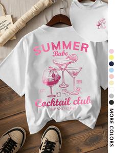 Women's Cocktail & Letter Print Round Neck Tee, Casual Short Sleeve T-shirt for Summer, Ladies Clothes for Daily Wear, Top