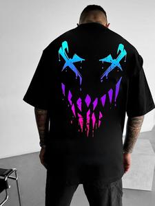 Men's Cartoon Face Print Drop Shoulder Tee, Regular Fit Casual Short Sleeve Round Neck T-Shirt for Summer, Menswear for Daily Wear