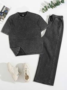 Women's Washed Cotton Two-Piece Set Outfit, Casual Short Sleeve T-Shirt & Drawstring Straight Leg Pants, Vintage Street Style Home Sportwear