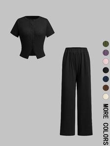 Women's Solid Ribbed Crop Top & Wide Leg Pants Two-piece Set, Casual Fashion Cozy Top & Trousers for Daily Outdoor Wear, Ladies Clothes for All Seasons
