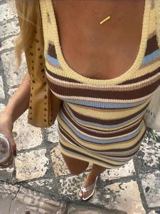 Summer Women's Slimming Sexy Colorblock Striped Knit Dress, Womenswear Casual Fashion Long Sleeve Round Neck Design, Perfect for Daily Wear