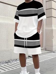 Men's 3D Digital Print Summer Striped T-Shirt and Shorts Set, Outfit, Casual Outdoor Sports Wear, Fitted All over Print, Comfortable and Stylish
