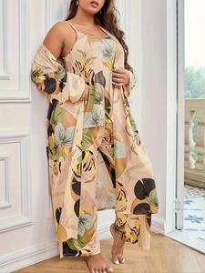 【Plus Size】 All Over Floral Print Lounge Set, Casual Comfy Cami Top & Pants & Open Front Long Sleeve Outwear Three-piece Set, Women's Sleepwear for Spring & Fall, Loungewear, Pajama Set